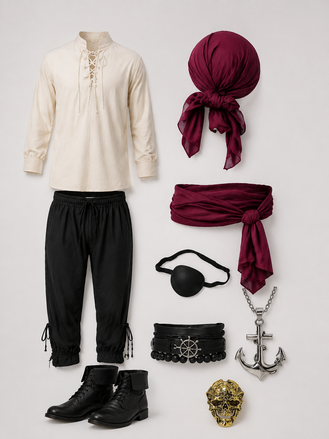 Men's Pirate Costume for Role-Playing, 8 Pieces size guide