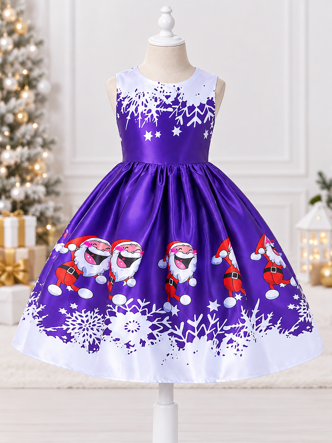 Purple Girls' Dress with Christmas Print