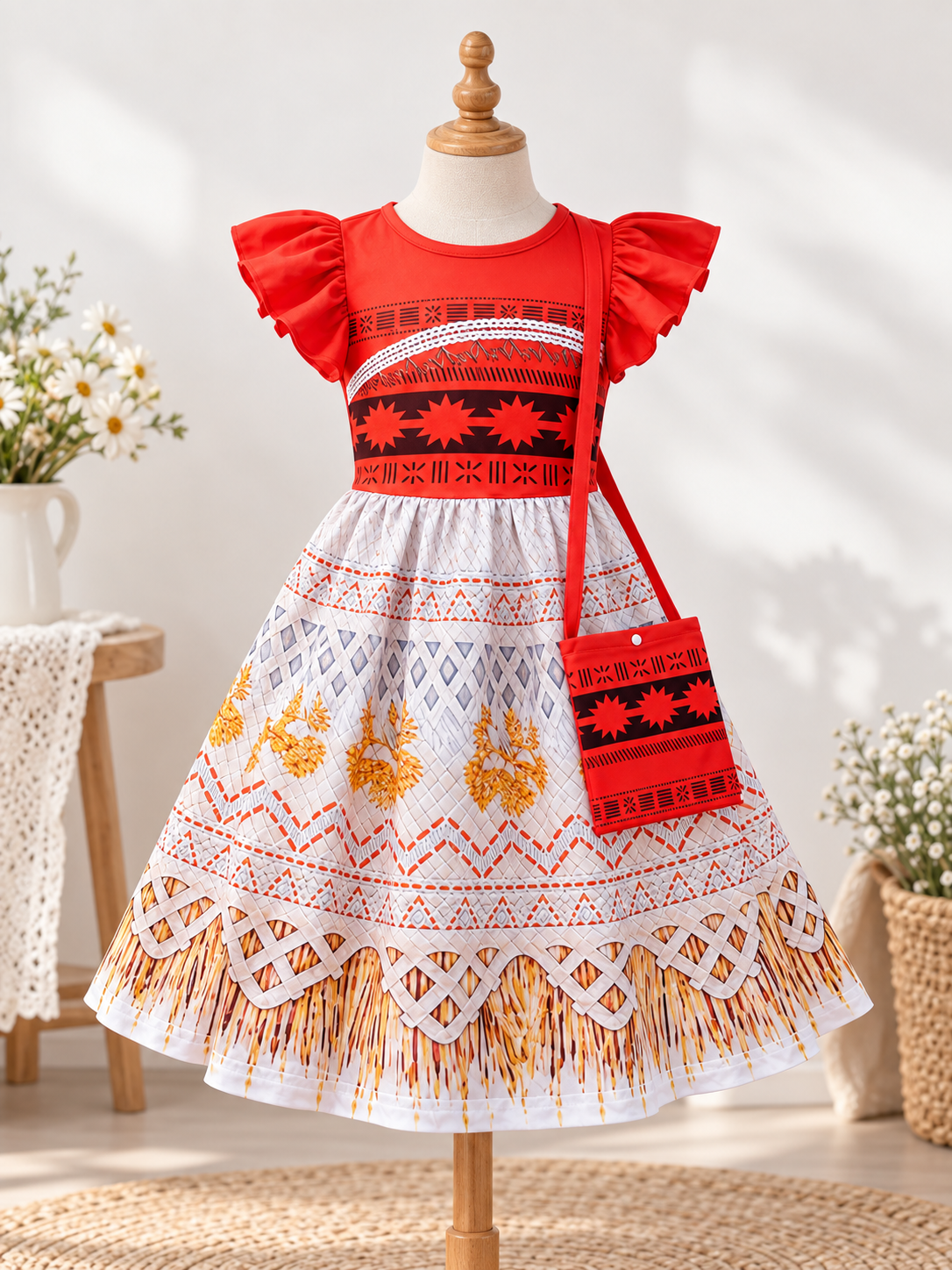 Moana-Style Red and White Dress with Fringe and Bag