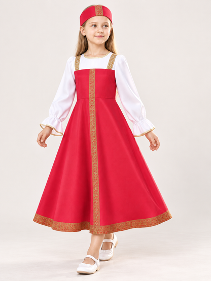 Red Folk Costume Dress for Cosplay with Gold-Tone Trim size guide