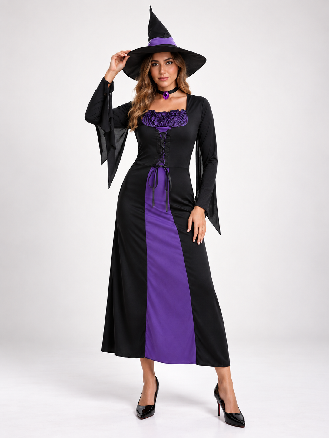Witch Costume: Black and Purple Dress, Hat, and Neck Accessory