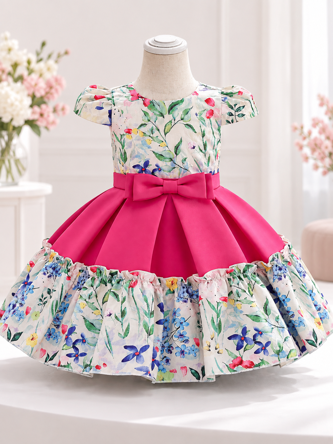 Girls' Dress with Bow and Floral Print