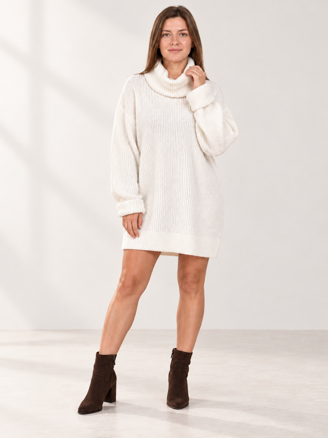 Light Beige Oversized Turtleneck Knit Sweater