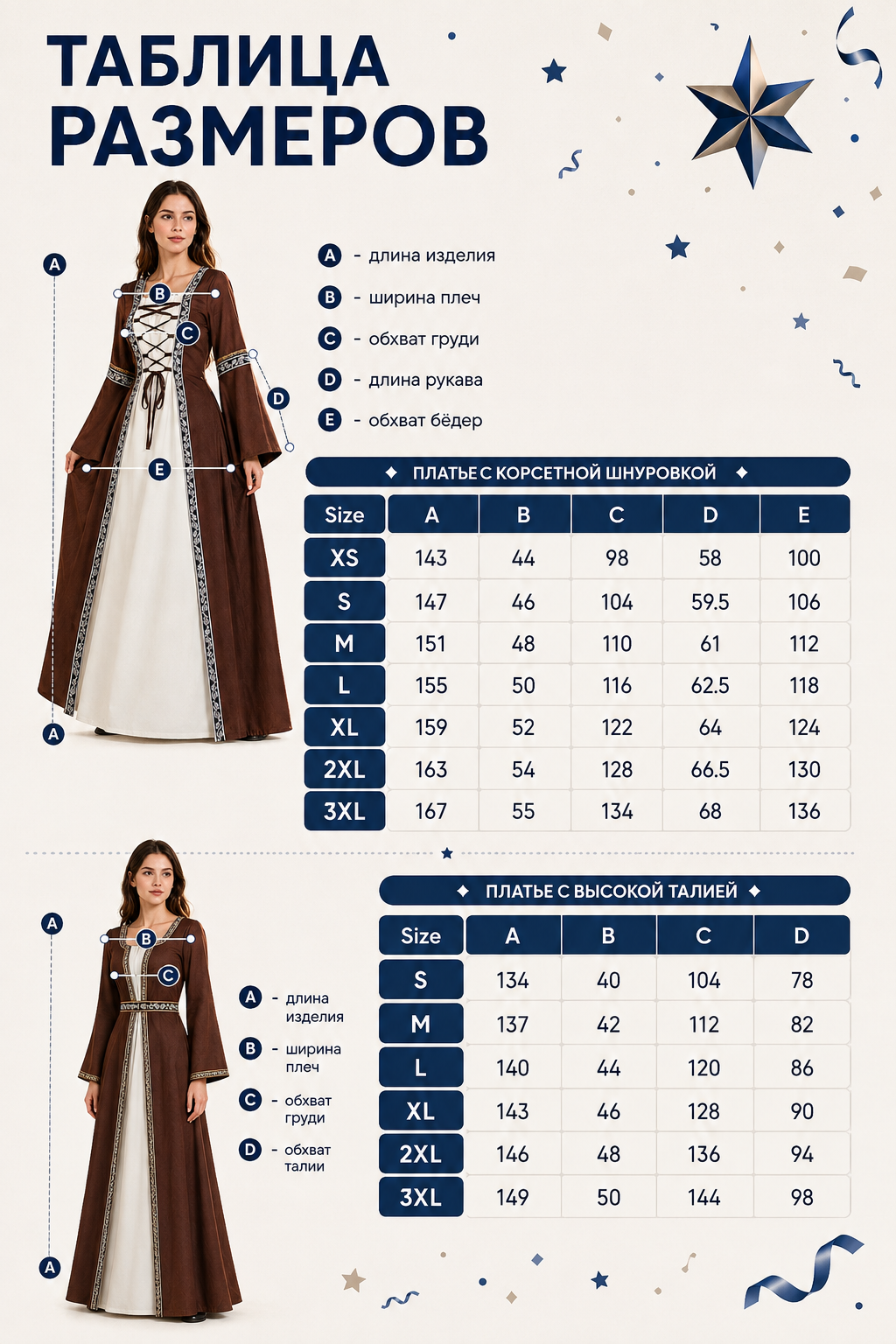 Medieval Brown Dress with White Insert size guide