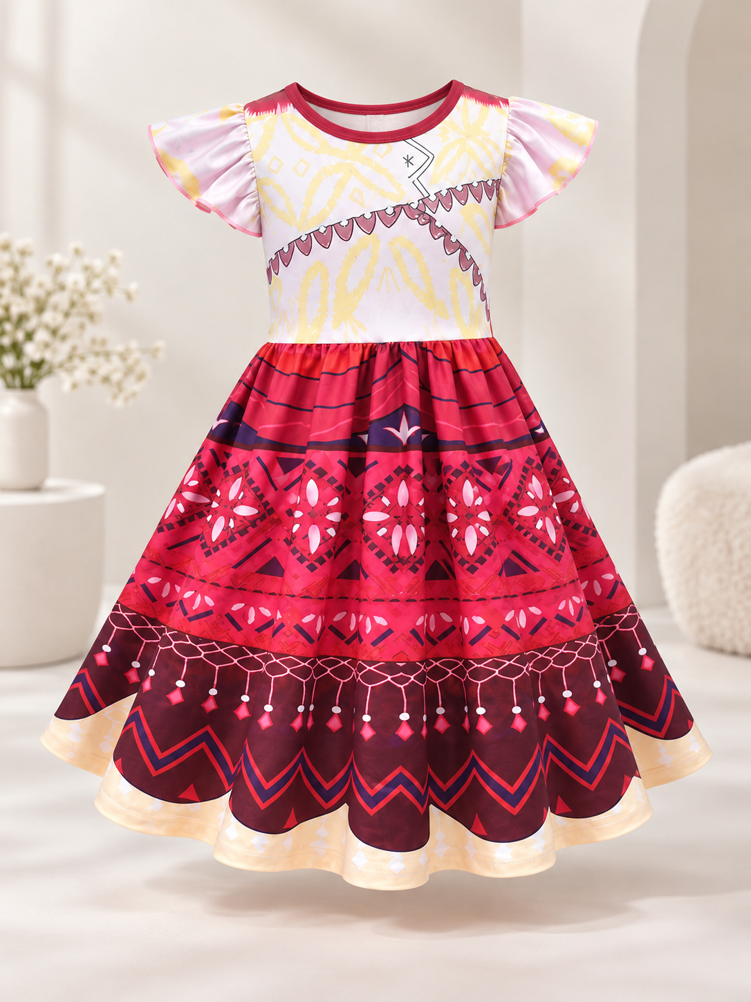 Girls' A-Line Dress with Print and Flutter Sleeves