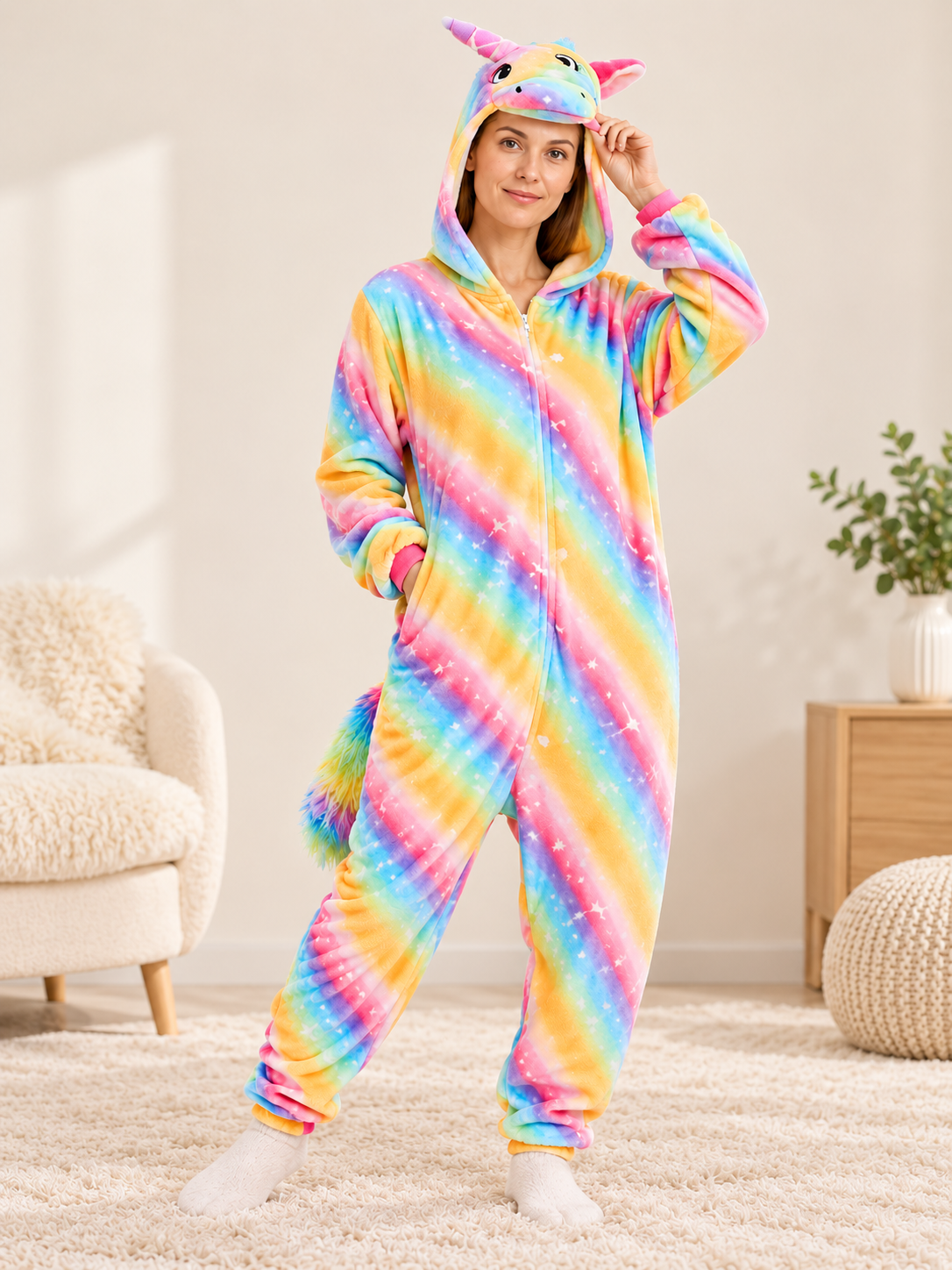 Flannel Hooded Pajama Jumpsuit with Face