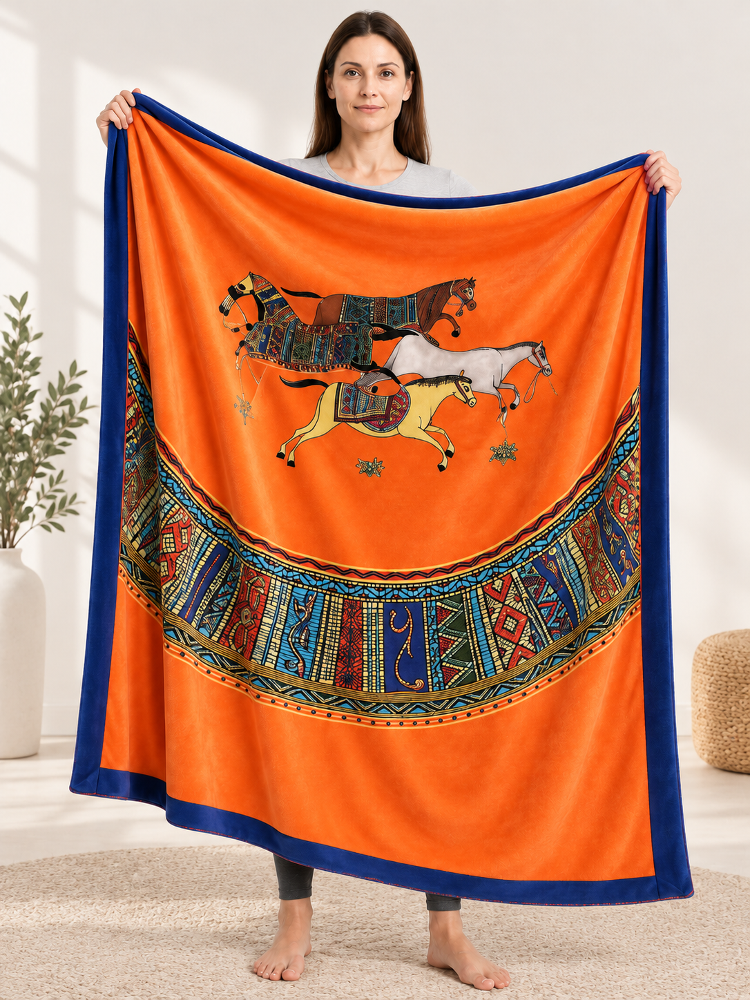 Orange Throw Blanket with Horses and Blue Trim