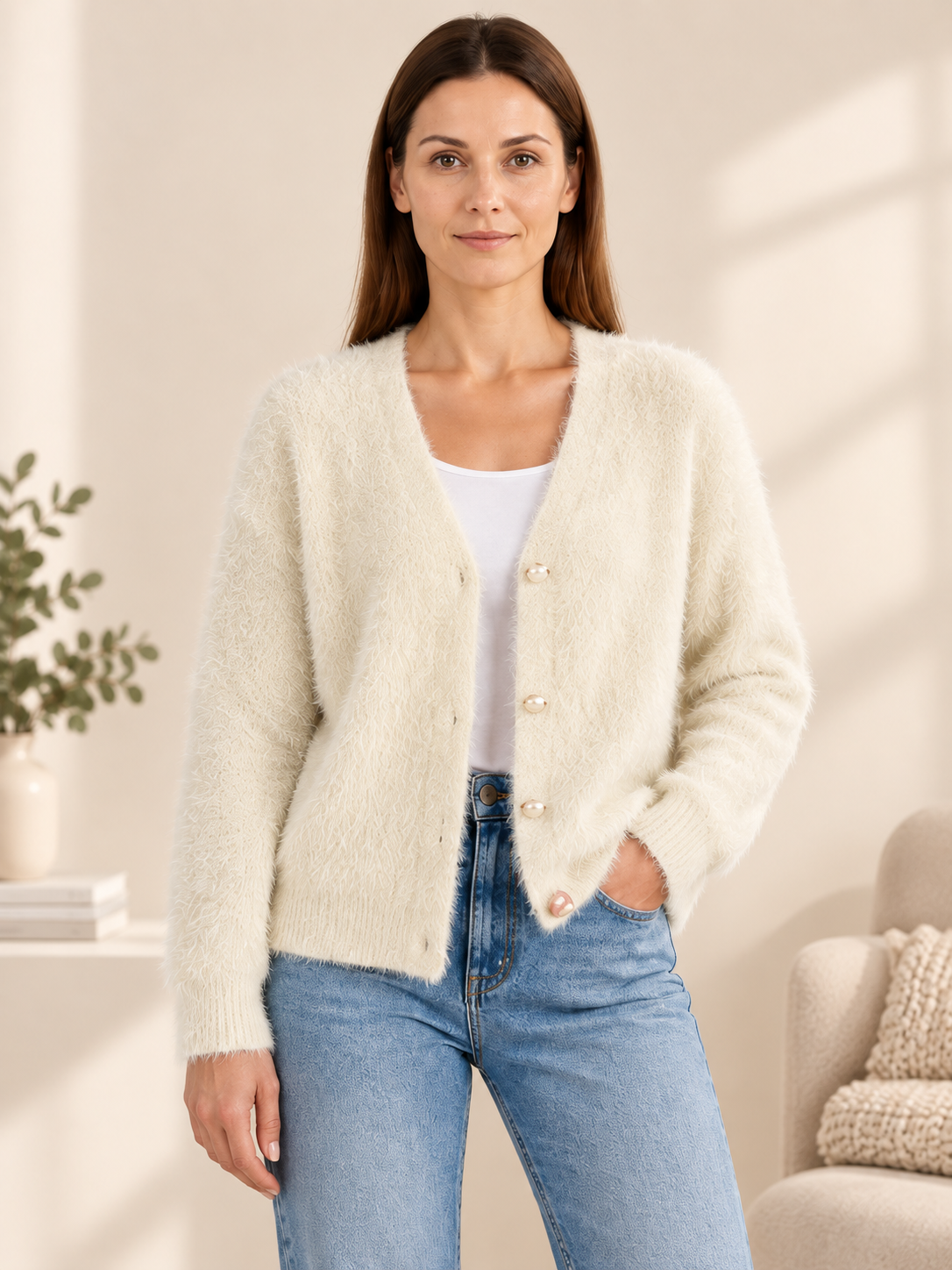 Faux Fur Cardigan Fuzzy Light Beige