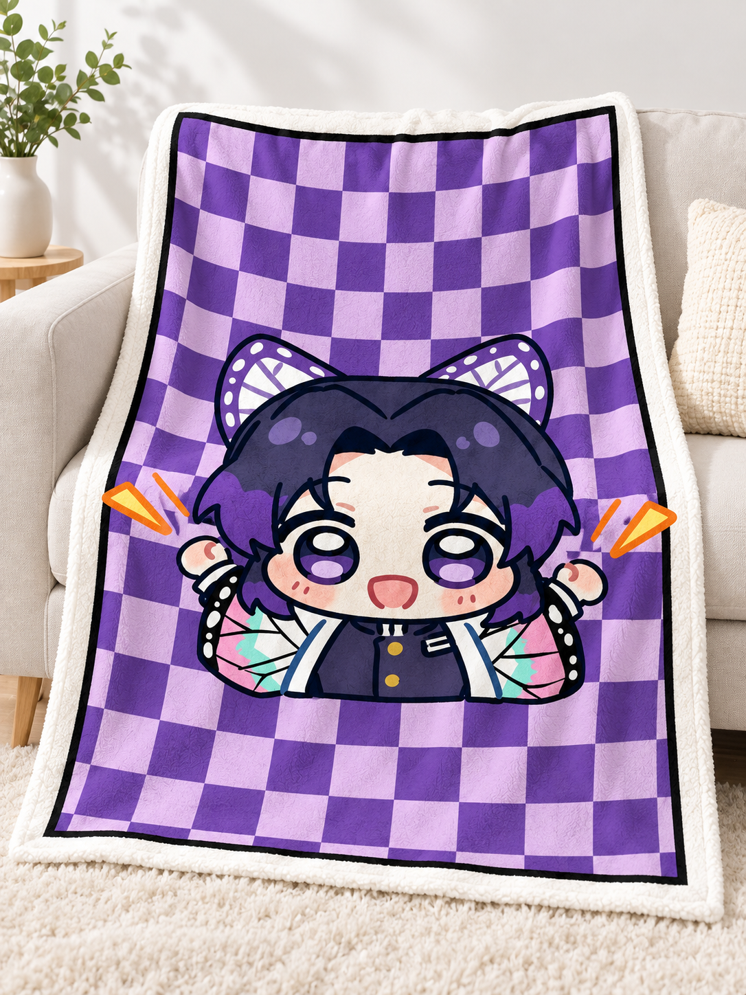 flannel blanket with cartoon design and checkerboard print