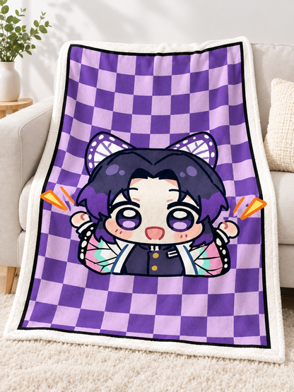 flannel blanket with cartoon design and checkerboard print