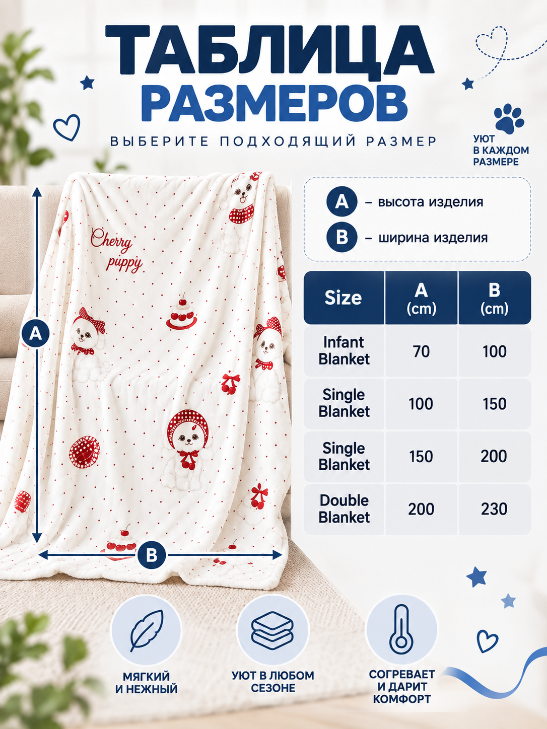 Double-sided blanket with a dog and cherry pastries print