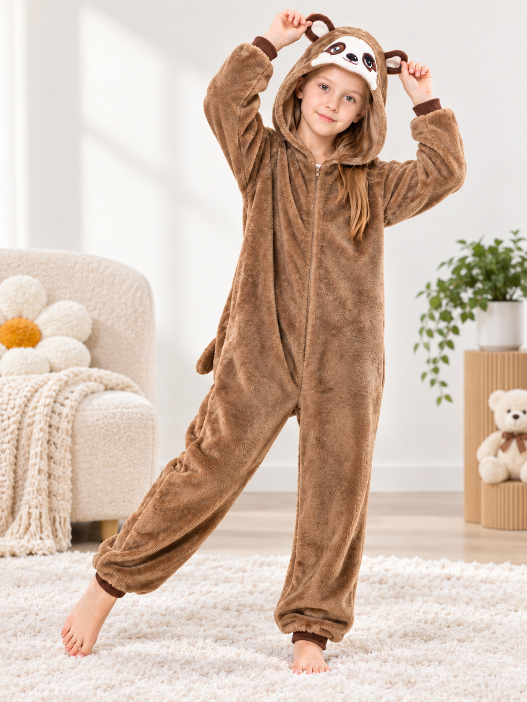 Brown Hooded Flannel Kigurumi Pajamas