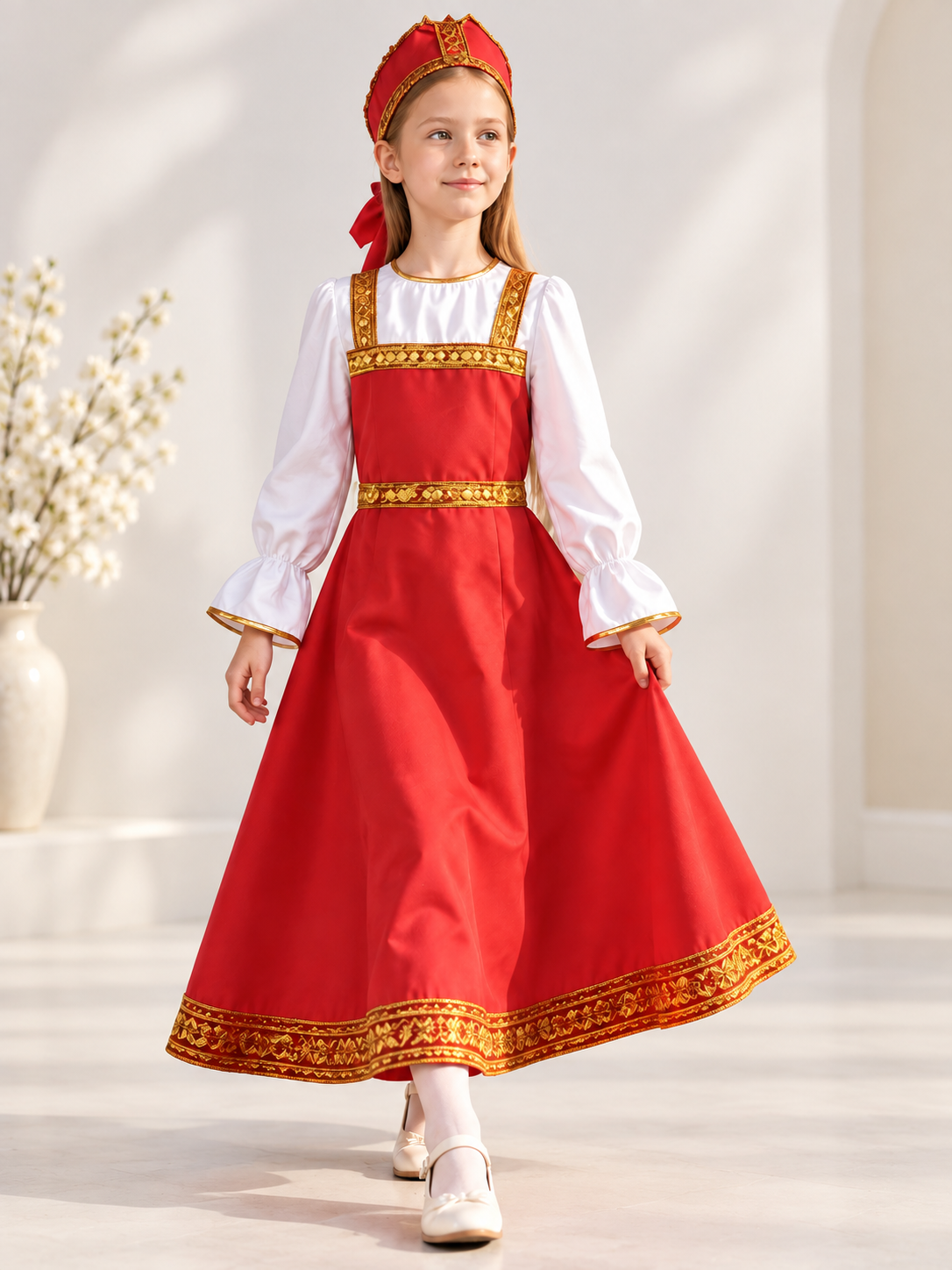 Long Red Dress with Gold-Tone Trim size guide
