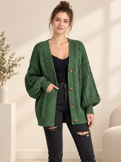 Green Knit Cardigan with Cable Pattern and Buttons