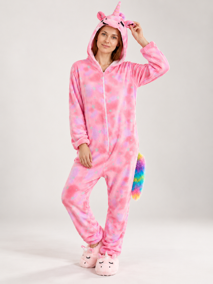 Pink Fleece Unicorn Hooded Kigurumi Jumpsuit