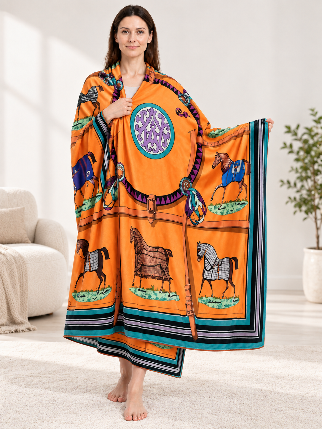Orange Throw Blanket with Horse Print and Ornamental Border