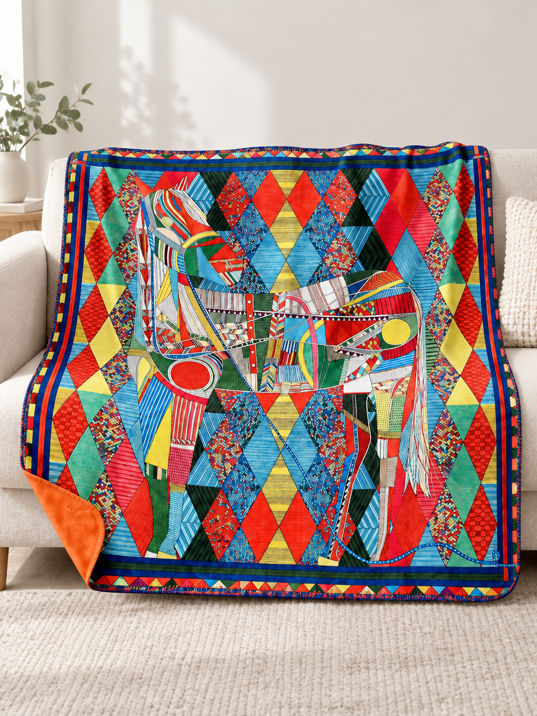 Multicolored blanket with a horse and geometric pattern