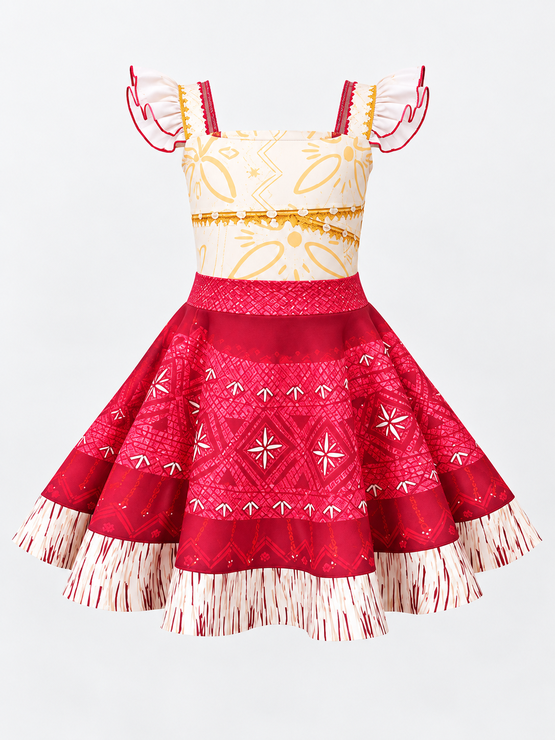 Dress with a white bodice, red skirt, and fringe