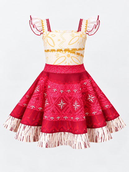 Dress with a white bodice, red skirt, and fringe