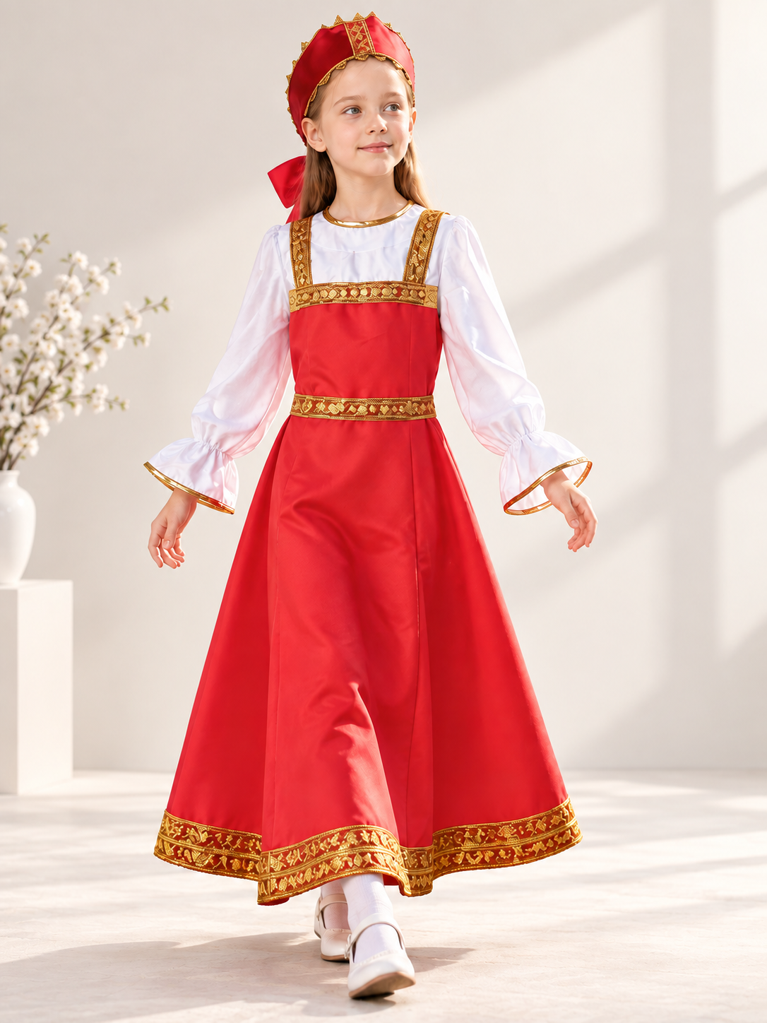 gold red russian folk-style long-sleeve costume dress with headwear size chart