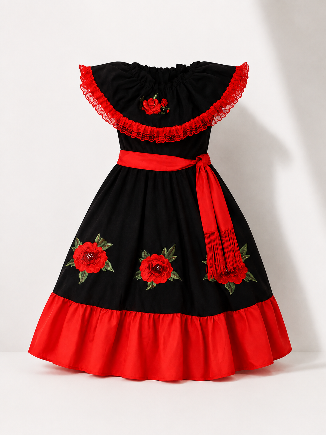 Children's Carnival Dress with Red Ruffle and Belt size guide