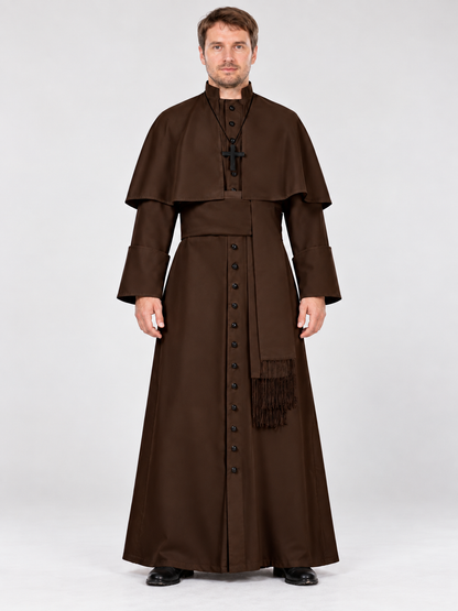 Brown Polyester Priest Costume with Cape and Belt