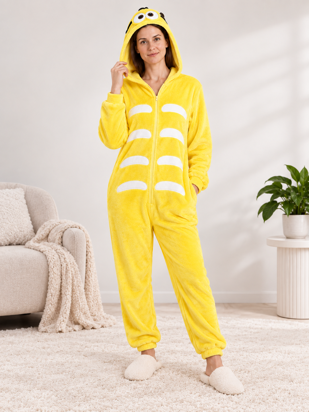 Yellow Flannel Hooded Zip-Up Pajama Jumpsuit