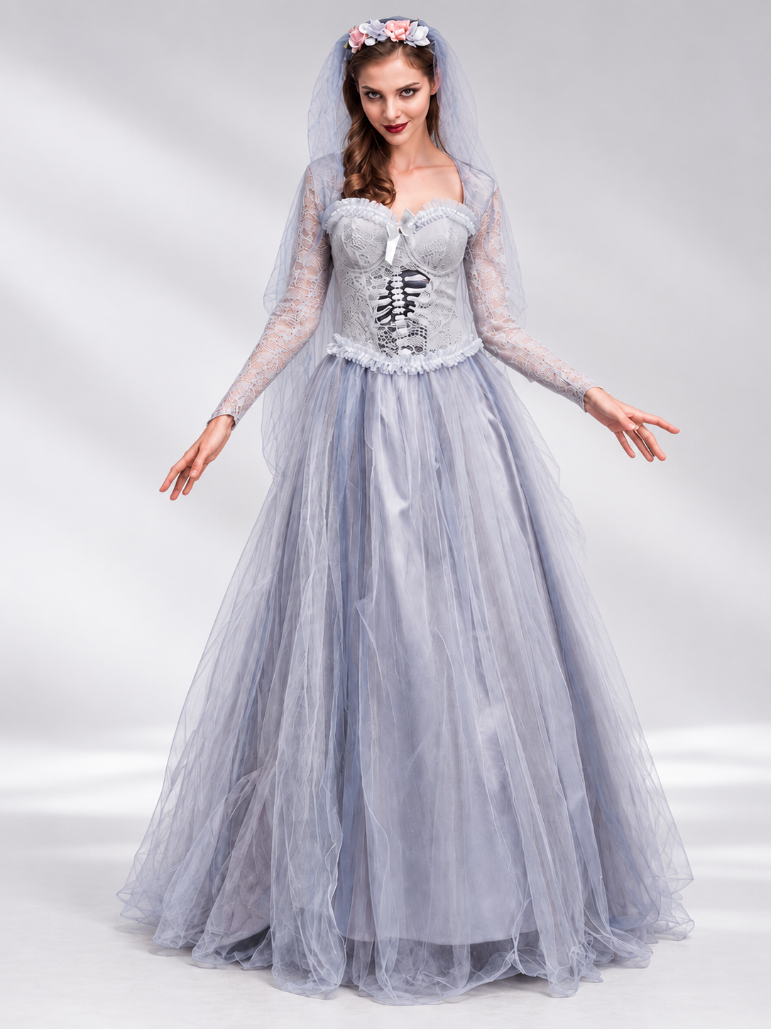 Gray carnival dress with a voluminous skirt and lacing