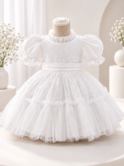 Girls' Dressy White Dress with Lace and Bow