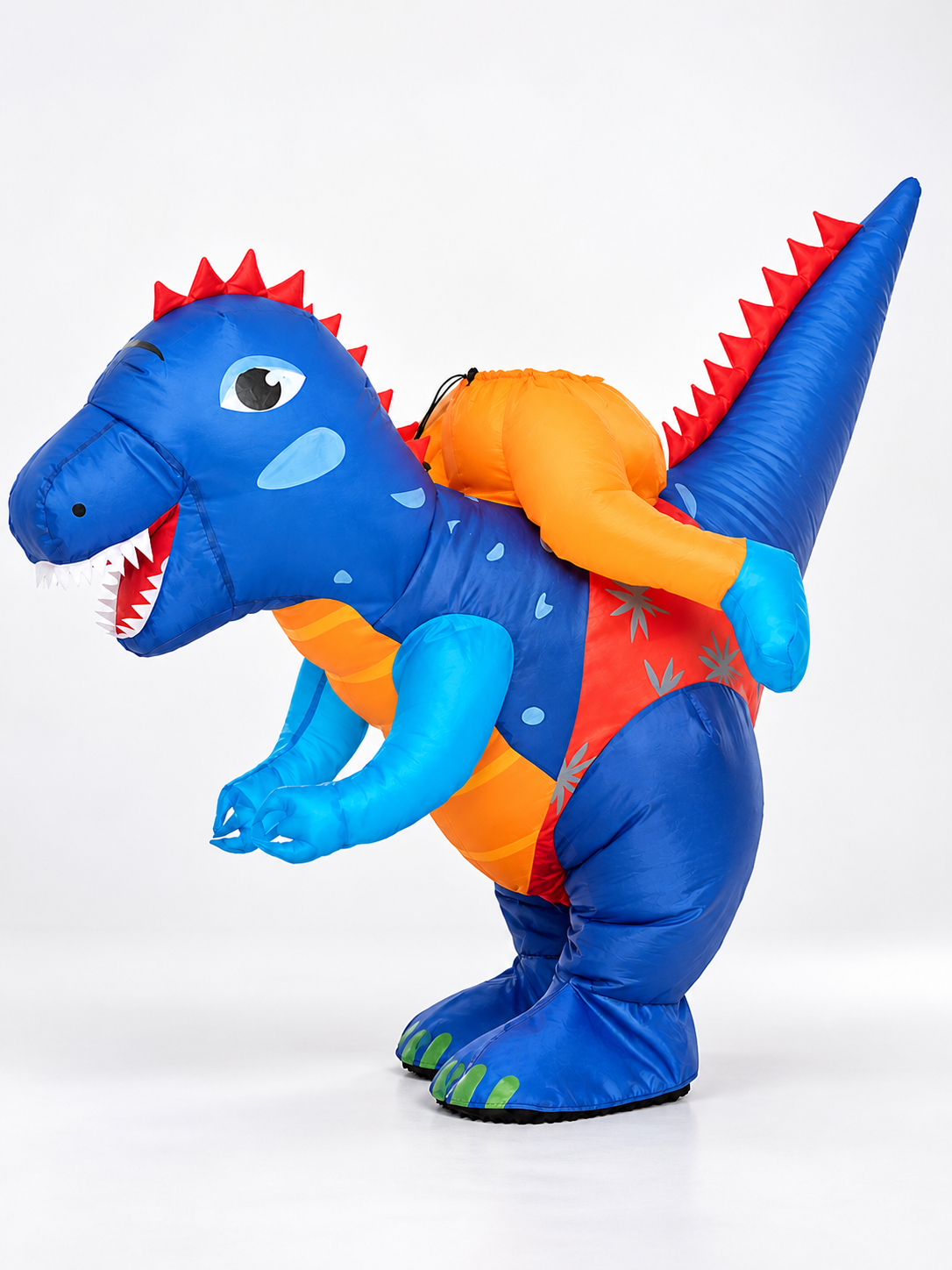 Inflatable Blue Dinosaur Costume with Spikes and Open Mouth