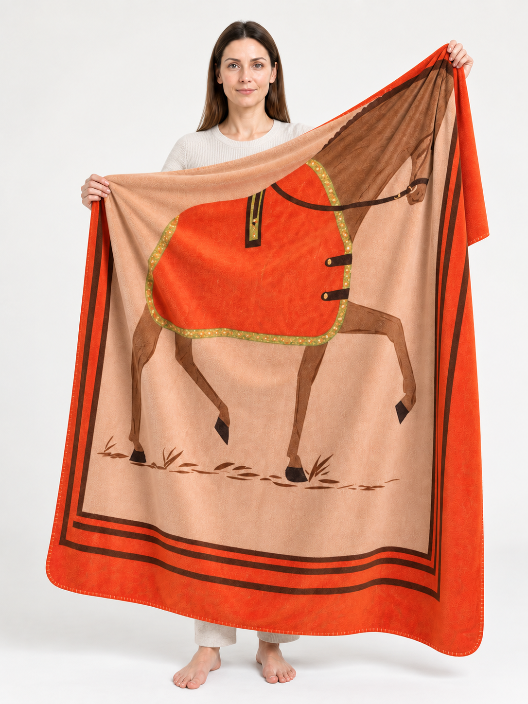 Horse-Print Throw with Contrasting Striped Trim