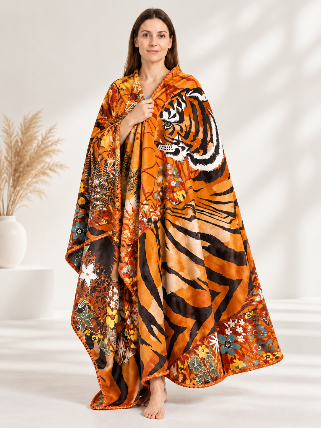 Orange and Brown Flannel Throw Blanket with Tiger Print