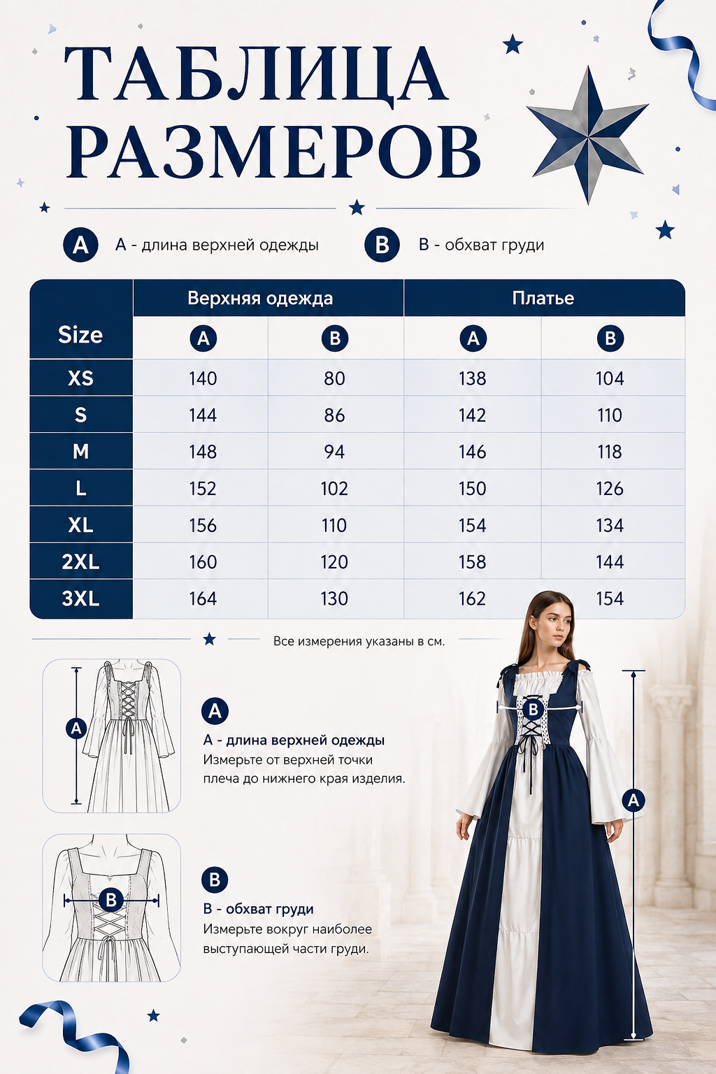 Dark Blue Medieval Dress with a Corset Bodice size guide