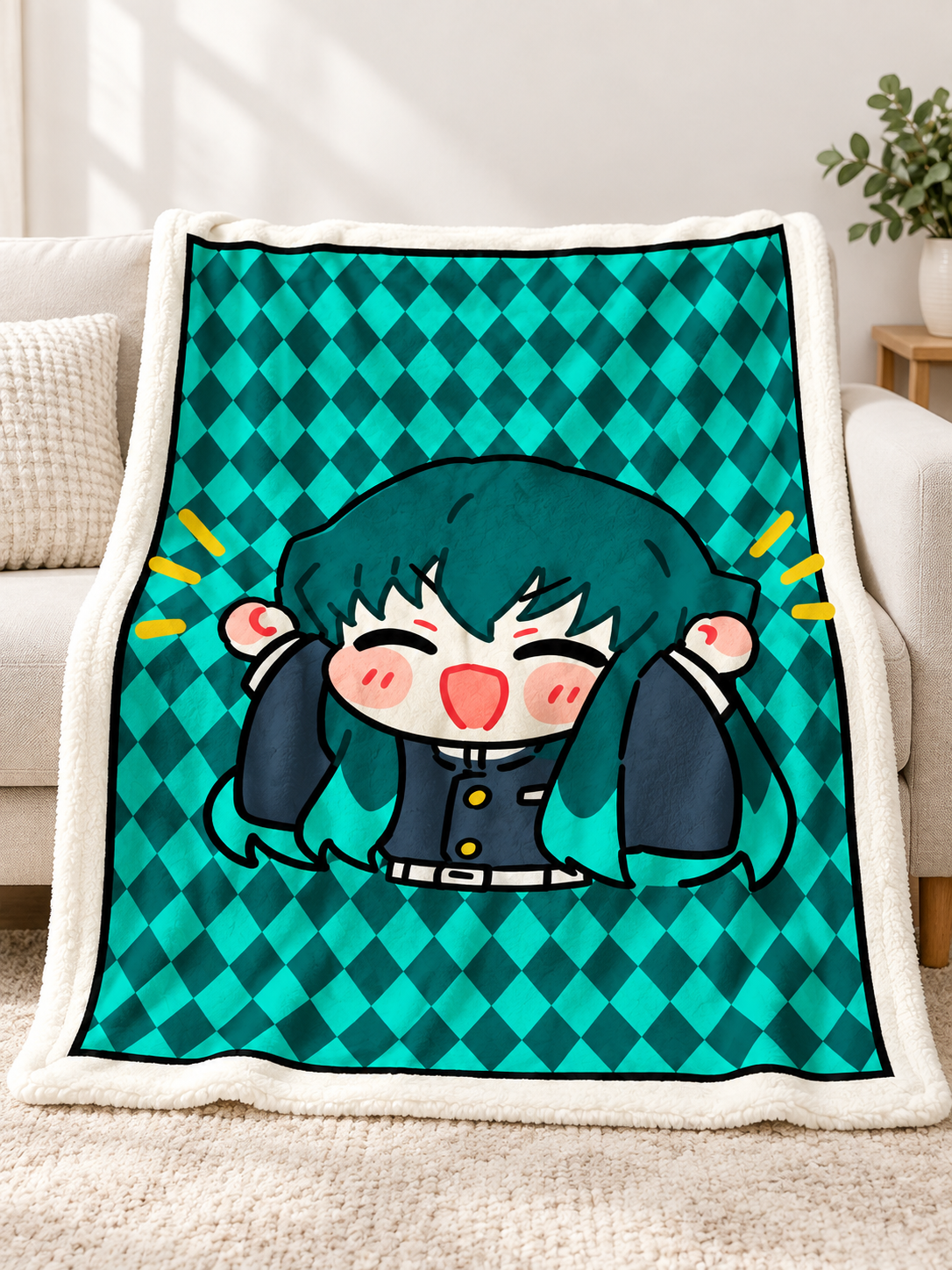 Turquoise blanket with a diamond pattern and cartoon design