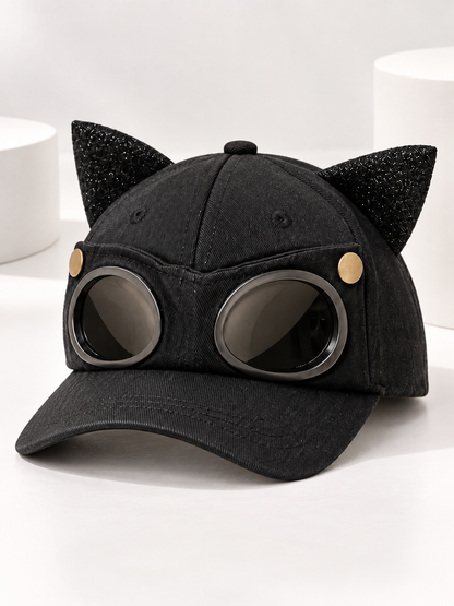 Kids' Baseball Cap with Ears and Decorative Glasses, Black