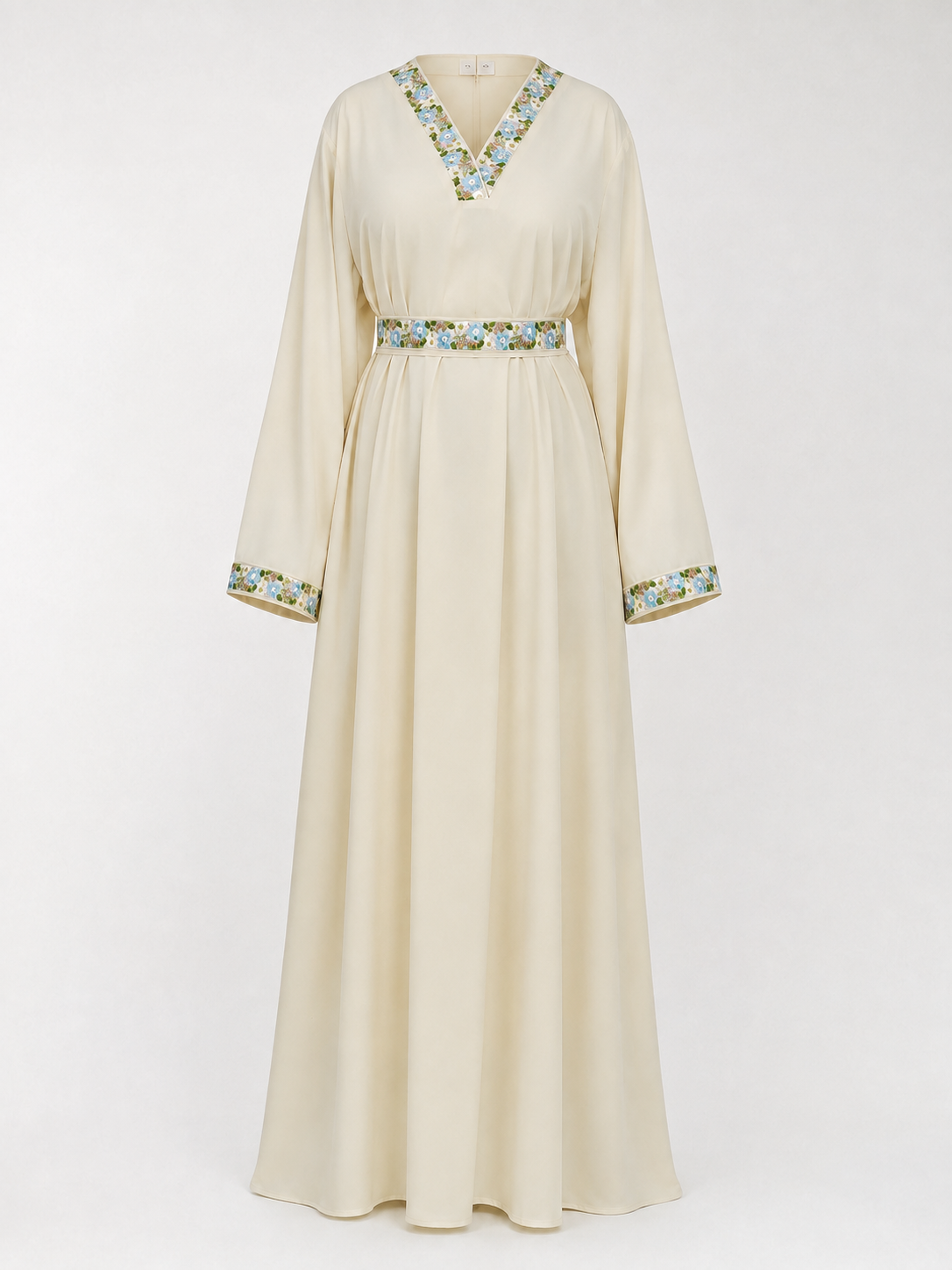 Cream floor-length dress with floral embroidery size guide