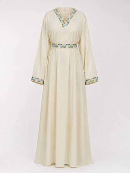 Cream floor-length dress with floral embroidery size guide