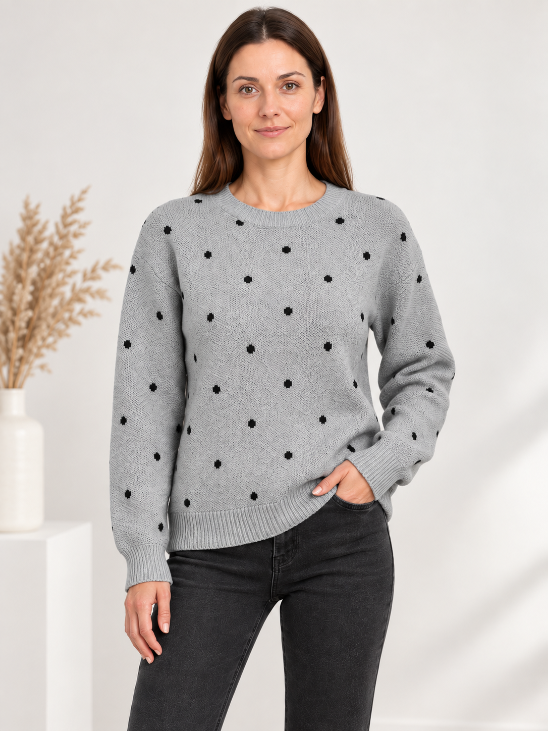 Gray sweater with black polka dots, knit, loose fit