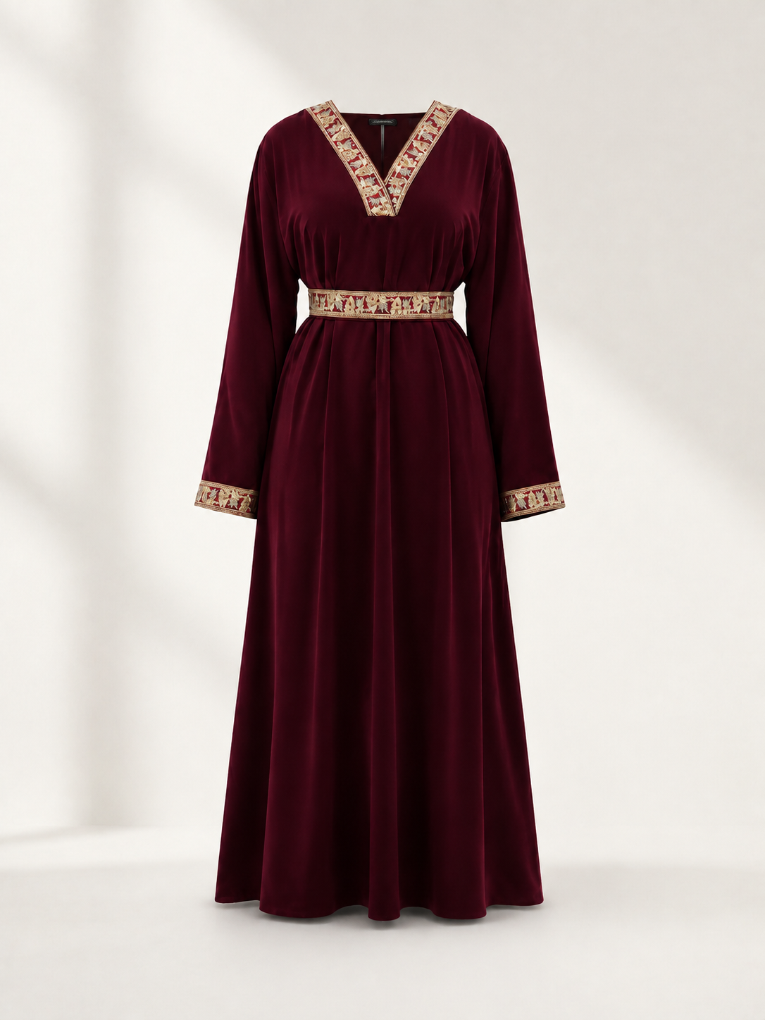 Wine-Burgundy Maxi Dress with Belt and Embroidery size guide