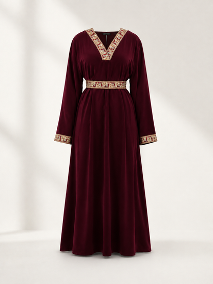 Wine-Burgundy Maxi Dress with Belt and Embroidery size guide