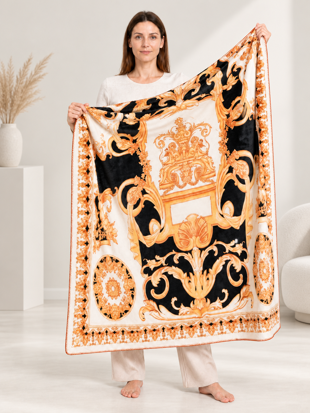 Decorative Throw Blanket with Baroque Ornament and Border
