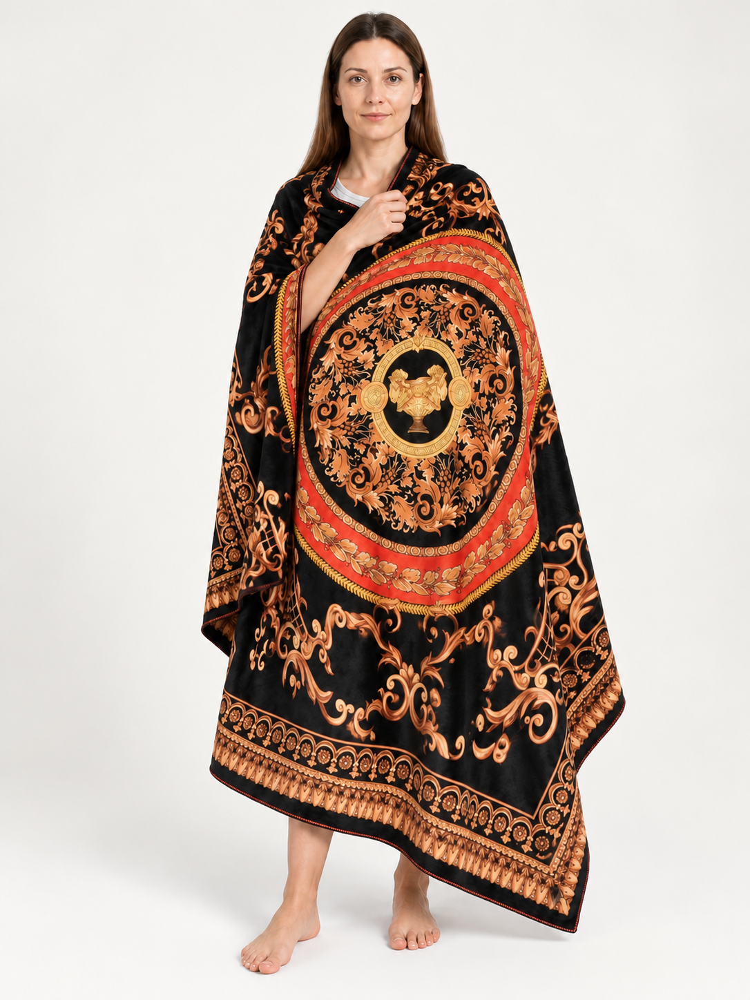 Decorative Black Throw Blanket with Baroque Ornament and Medallion