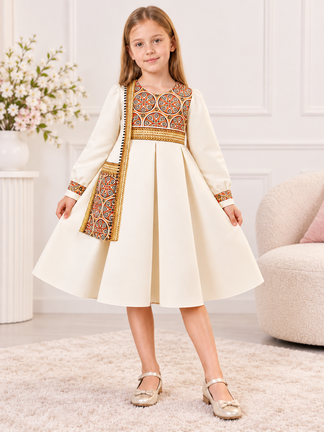 Dressy Dress with a Full Skirt and Gold-Toned Trim size guide