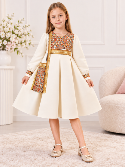 Dressy Dress with a Full Skirt and Gold-Toned Trim size guide
