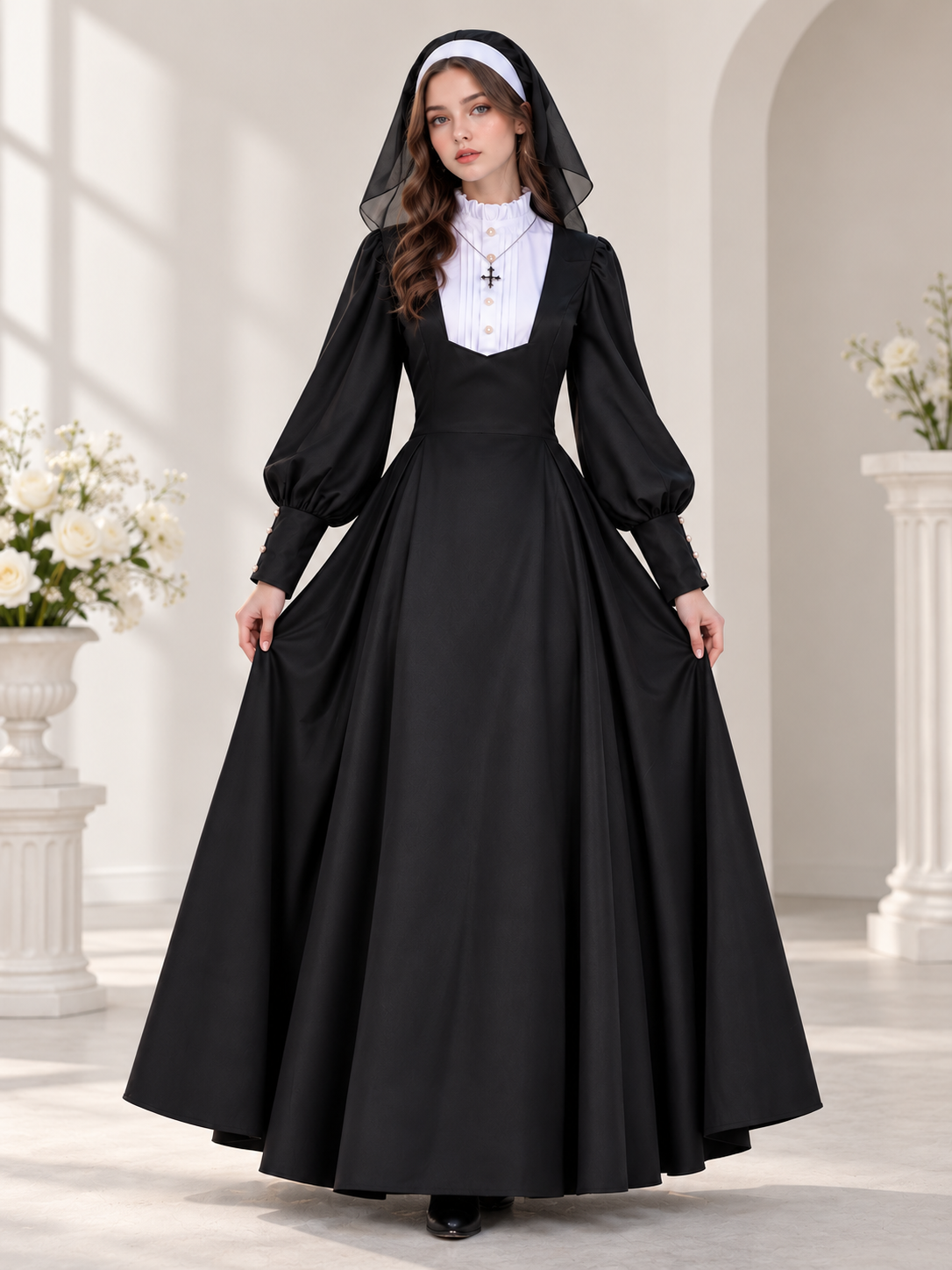 Black Nun Costume with White Insert and Cross