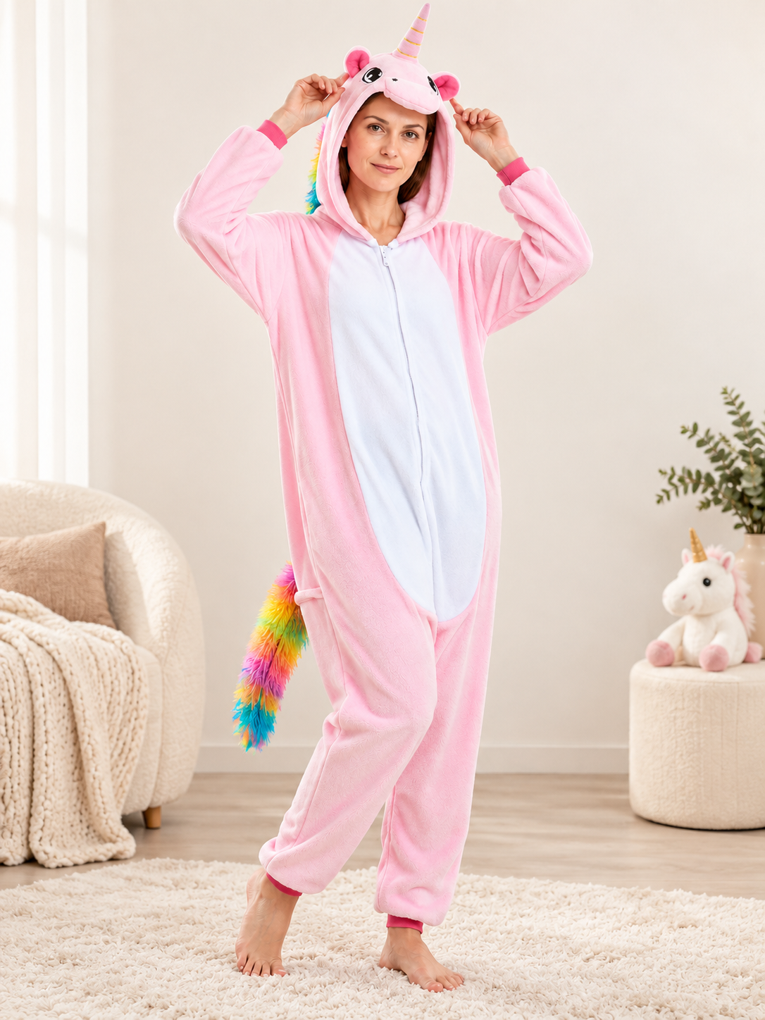 Pink Flannel Hooded Unicorn Pajama Jumpsuit