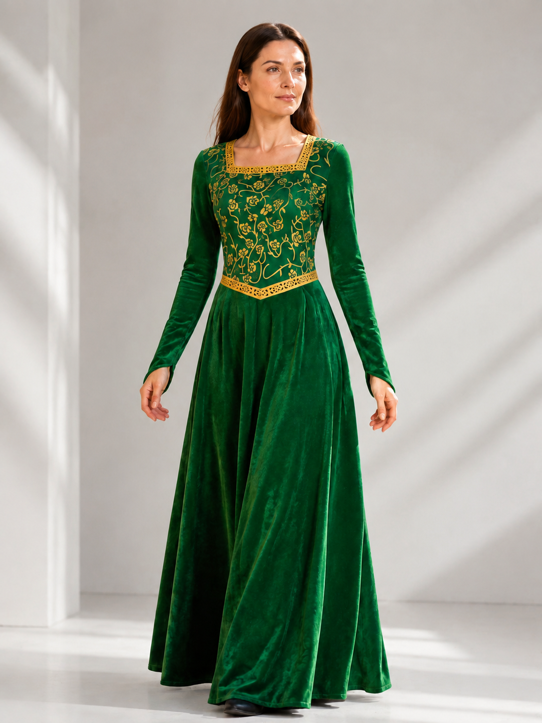 Floor-Length Velour Cosplay Dress with Gold-Tone Trim size guide