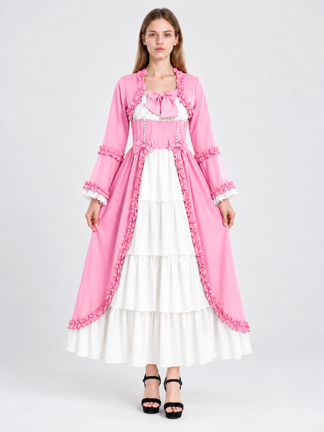 Long Dress with Bows, Ruffles, and a White Tiered Skirt size guide