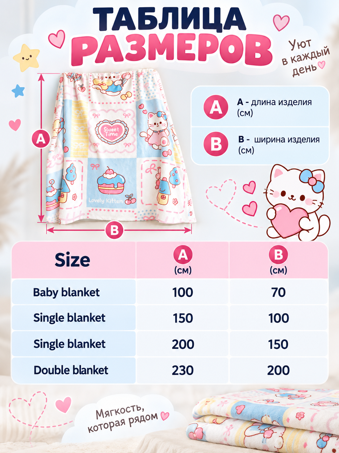 Reversible polyester blanket white with kitten print