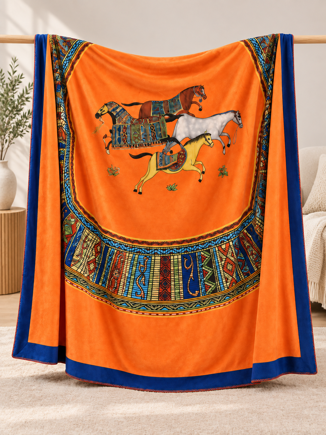 Orange Polyester Throw Blanket with Horses and Border